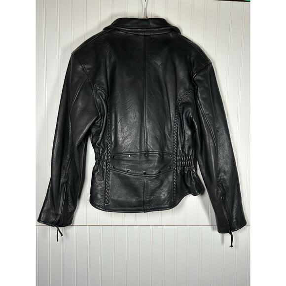 Genuine leather Biker Jacket Black Elastic Cinch Waist Women's 2XL Asymmetrical - Picture 1 of 16